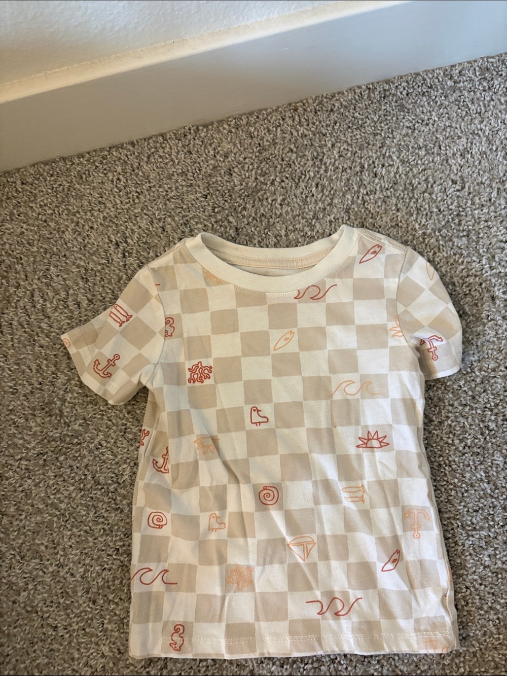 Kids Cream Checkered Short Sleeve Tee with Orange Beach Icons 2T